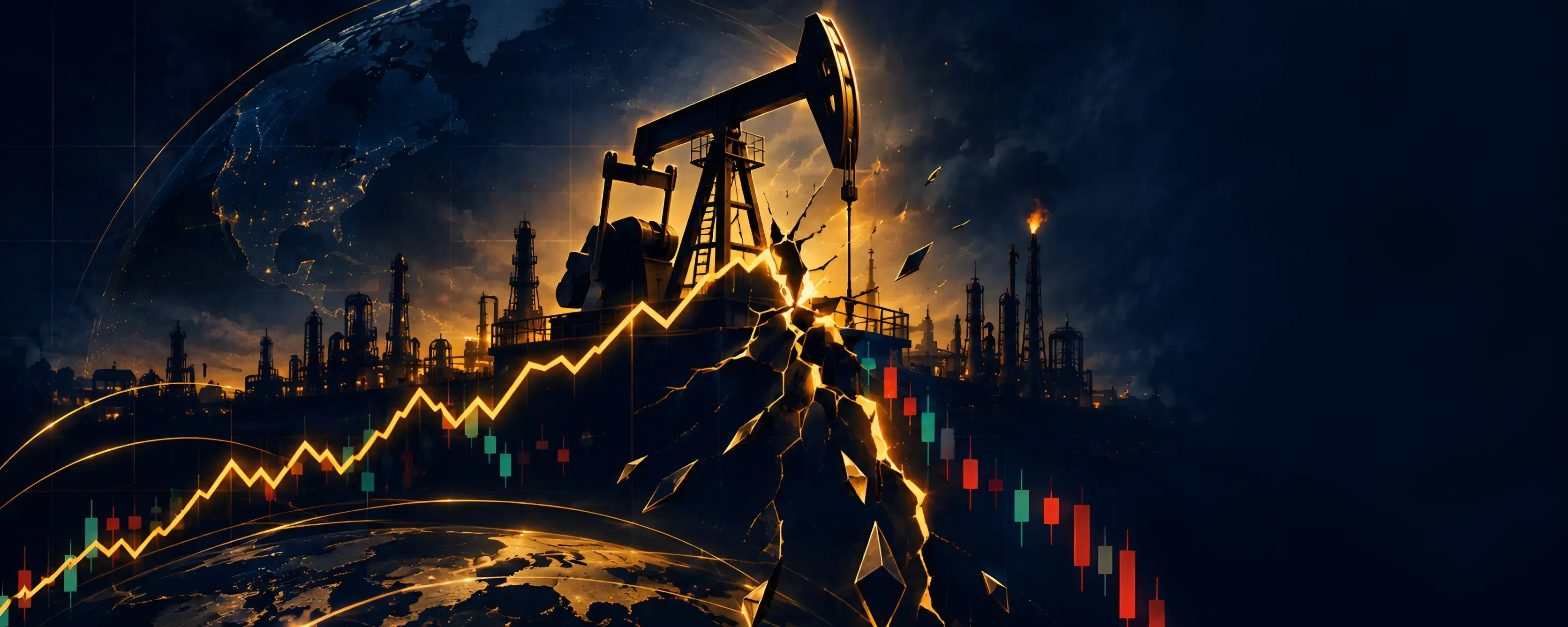 A pump jack cracked open like molten rock against a night skyline of refineries, its glow tracing a golden price line that climbs out of the fracture and arcs over a glowing globe of the Earth, with red and green candlesticks rising beneath it, as a metaphor for a crisis breaking out from underneath a market that still looks calm on the surface.