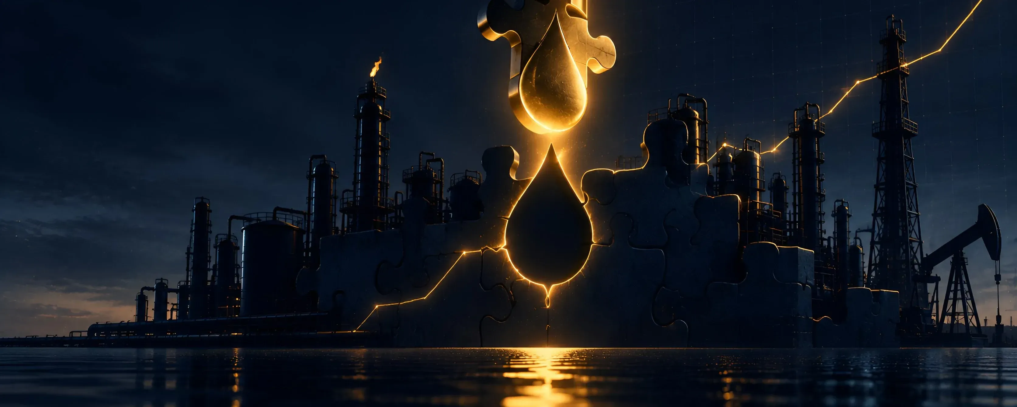 Two puzzle pieces glowing like molten gold slot together above a night-time refinery on the water, one shaped like a falling drop of oil, their light bleeding down into the dark complex below as a rising price line breaks off to the right, as a metaphor for the last piece of a plan finally clicking into place.